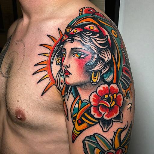 Tattooed man's bare shoulder featuring vibrant, traditional-style sun goddess with orange sun, red flower, and detailed green, red, and yellow