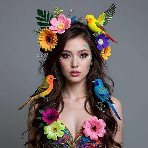 Photorealistic digital art of a young woman with long dark hair, wearing colorful flowers and birds in her hair and on her shoulders, against a gray