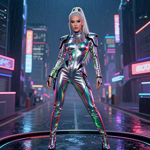Cyberpunk scene: Confident woman with platinum blonde hair, wearing shiny silver and green reflective bodysuit, stands in the rain on a neon
