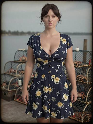Photograph of a fair-skinned woman with dark hair in a navy floral dress with yellow daisies, standing on a dock by a calm,