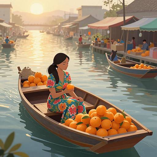 Digital illustration of a woman in a colorful floral dress selling oranges in a wooden boat on a sunlit floating market.
