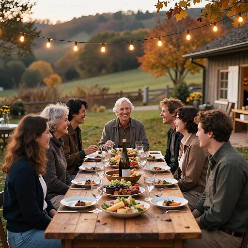 Photograph of an elderly white man smiling at a seated family enjoying a meal outdoors on a wooden table, with autumn foliage, string lights, and a