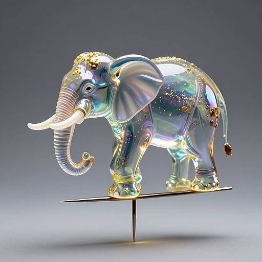 A highly reflective, metallic elephant sculpture adorned with gold accents and glowing lights, displayed on a sleek, black stand against a gradient gray background.