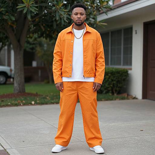 Photograph of a Black man with a short afro, wearing an orange prison jumpsuit, white shirt, and white sneakers, standing on a suburban