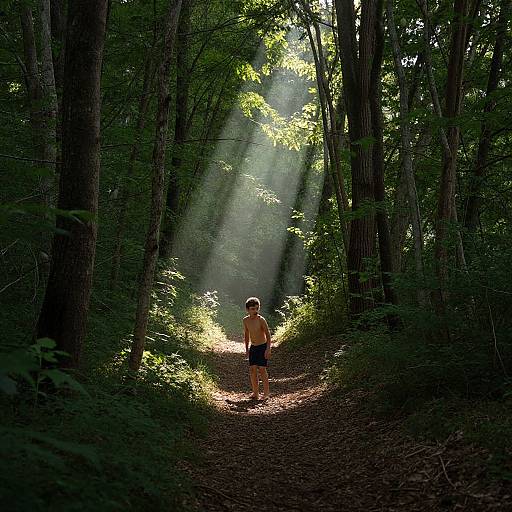 Photograph of a sunlit forest path with sunlight streaming through trees, a shirtless man in black shorts walking away.