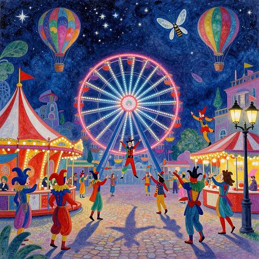Vibrant carnival night scene: colorful balloonists, Ferris wheel, starry sky, illuminated tents, jesters, acrobats, flying