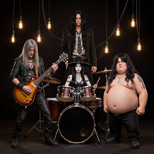 Photograph of four heavy metal musicians: long-haired guitarist, shirtless, obese bassist, drummer with pale face and black makeup, standing guitarist with