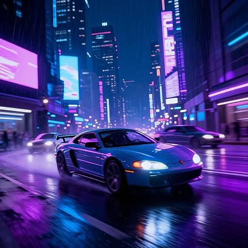 Neon-lit, rainy urban night scene photograph of a blue sports car speeding through a vibrant, colorful city street with glowing billboards and reflections on