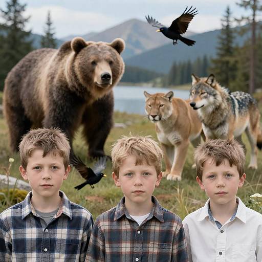 Boys and Wildlife in Mountain Landscape