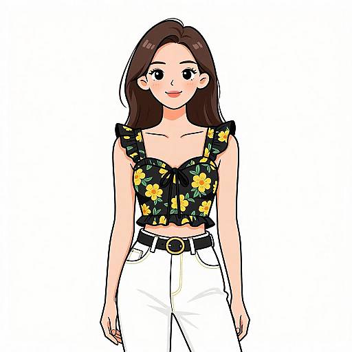 Digital illustration of a smiling woman with long brown hair, wearing a black floral crop top and white high-waisted pants.