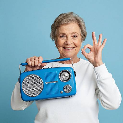 Photograph of an elderly woman with short gray hair, wearing a white long-sleeve shirt, holding a blue retro-style radio, smiling, and