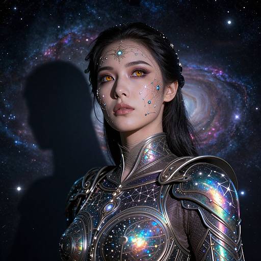 Digital artwork of an ethereal woman with glowing yellow eyes, adorned with star-like facial markings, wearing futuristic, galaxy-patterned armor, against a cosmic