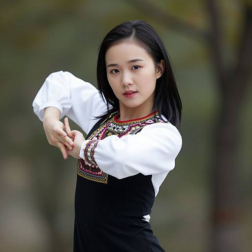 Photograph of an Asian woman with long black hair, wearing a white blouse and black dress with colorful embroidered patterns, pointing forward against a blurred forest background