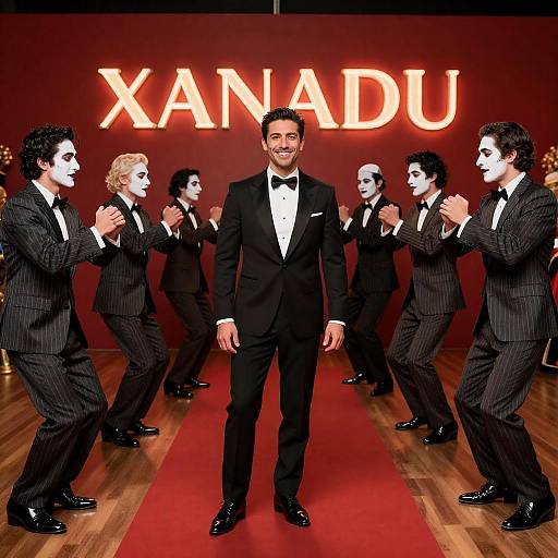 Man in Black Tuxedo with Dancers and Xanadu Sign