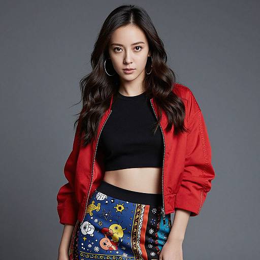 Photograph of an Asian woman with long black hair, wearing a red bomber jacket, black crop top, and colorful star-patterned pants, standing against