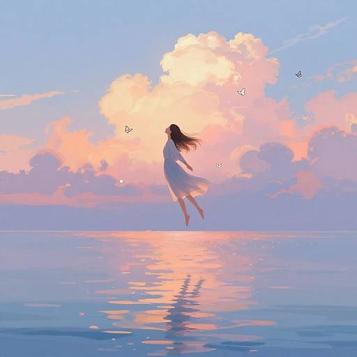 Digital art of a silhouette woman in a flowing white dress, jumping over calm pink and blue ocean, with butterflies and a pastel sunset sky.