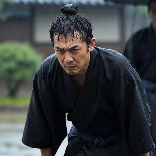 Middle-aged Asian Man in Wet Kimono in Rain