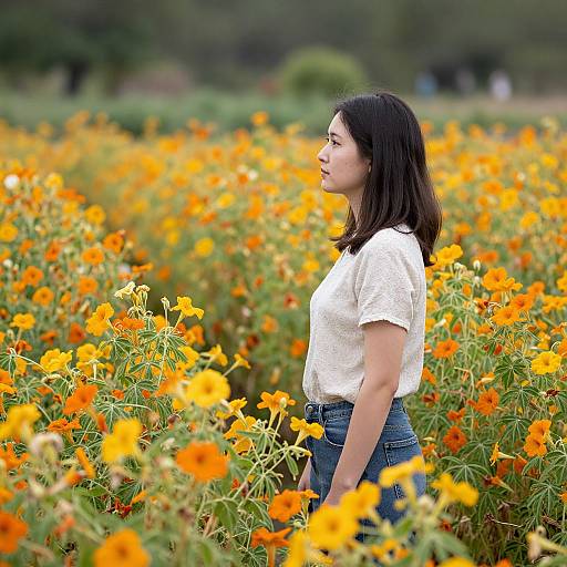 Photograph of a young woman with medium-length black hair, wearing a white blouse and blue jeans, standing in a vibrant field of orange poppies,