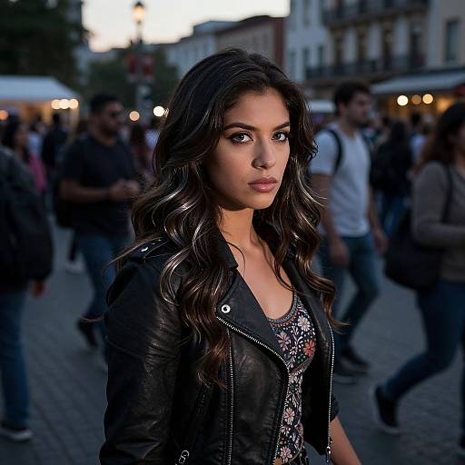 Photograph of a young woman with long, wavy dark hair, wearing a black leather jacket and floral dress, standing in a bustling evening city street