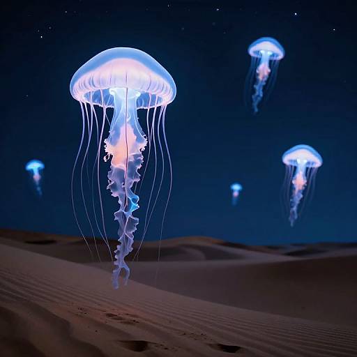 Photograph of glowing blue jellyfish with translucent, flowing tentacles floating above a dark, sandy desert under a starry night sky.