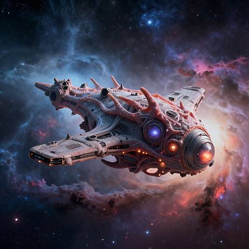 Digital artwork of a futuristic, organic spaceship with glowing lights and tendrils, flying through a colorful, nebulous cosmic background.
