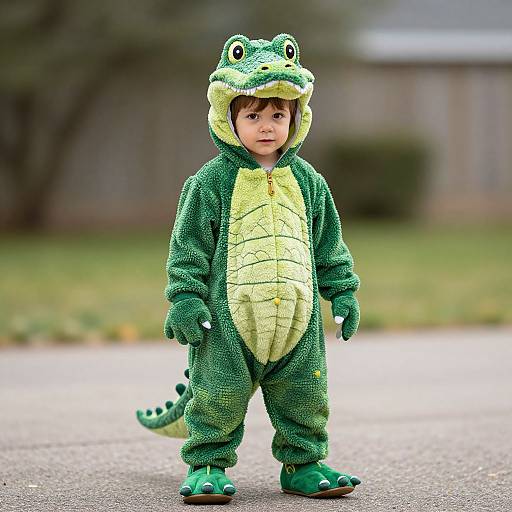 Photograph of a young boy in a green and yellow crocodile onesie with a hood, standing on a suburban street.