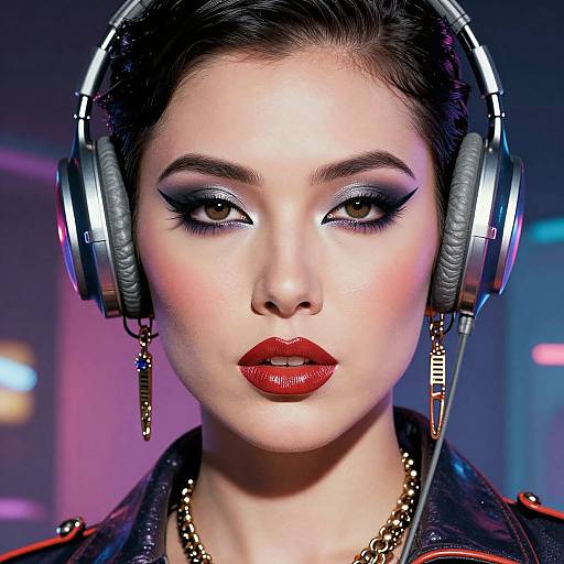 Close-up photograph of a fair-skinned woman with dark hair, bold red lipstick, heavy black eye makeup, wearing silver headphones and a black leather jacket