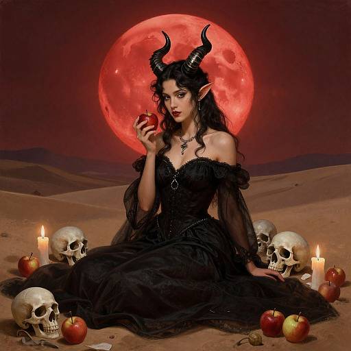 Digital artwork: Dark-haired demon woman with black horns, red moon, black dress, holding apple, surrounded by skulls, apples, and candles in desert