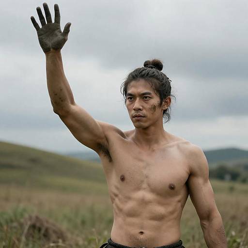 Intense Mud-Covered Warrior in Nature