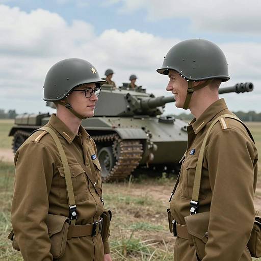 Two Soldiers in Green Helmets with Tank in Background