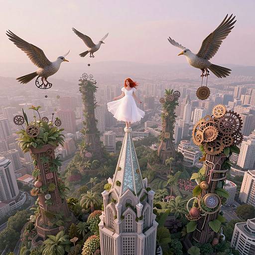 Digital art of a red-haired girl in a white dress standing on a clock tower, flanked by two flying birds above a futuristic, steampunk