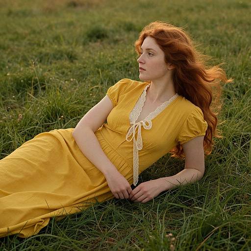 Photograph of a red-haired woman with fair skin, wearing a yellow dress with white lace trim, reclining in a grassy field.