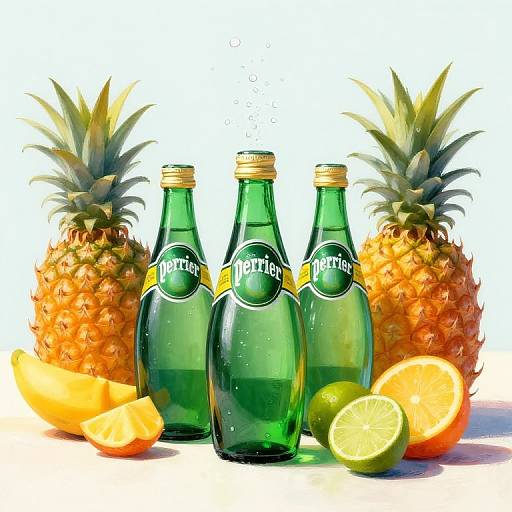 Photograph of three green Torani bottles with gold caps, flanked by two pineapples, orange slices, and lime halves, set against a