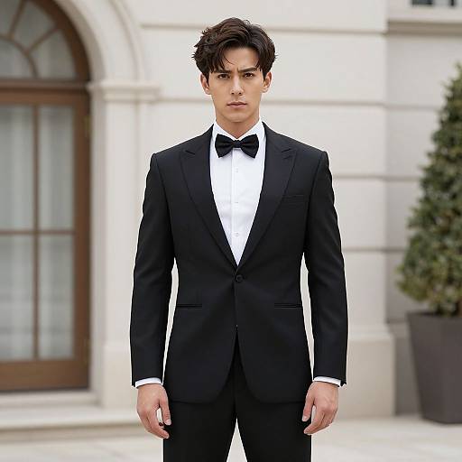 Photograph of a young Asian man with dark, wavy hair, wearing a black tuxedo, white shirt, and black bow tie, standing