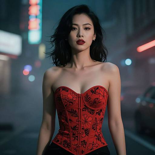 Photograph of an Asian woman with black wavy hair, wearing a red, strapless, floral corset, standing in a neon-lit,