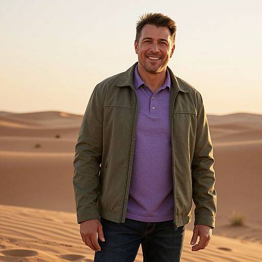 Photograph of a smiling, middle-aged man with short brown hair, wearing a green jacket, purple polo shirt, and blue jeans, standing in a
