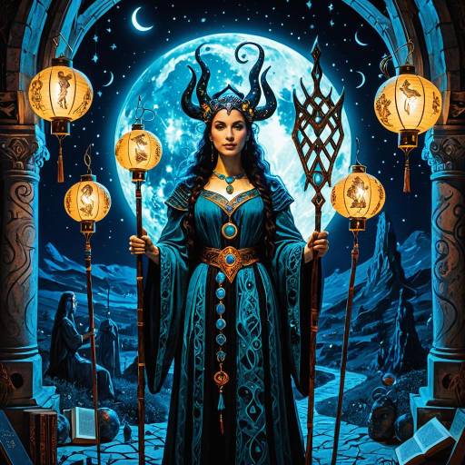 Goddess Hekate with Glowing Staffs and Lanterns