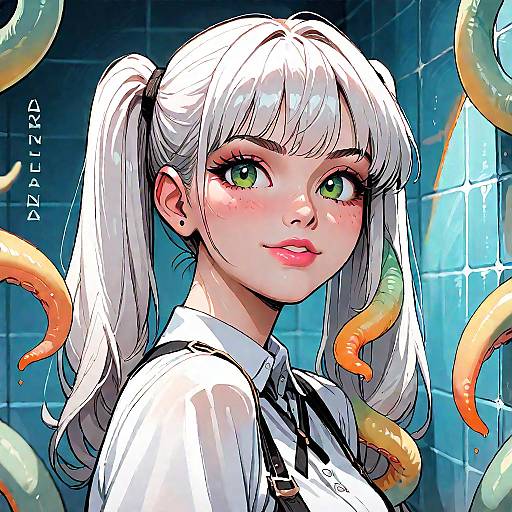 Anime Girl with White Hair and Tentacles
