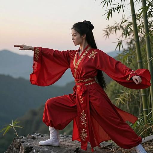 Photograph of an Asian woman in a red, embroidered traditional Chinese silk robe, performing a martial arts pose on a rocky ledge with bamboo and mountains in