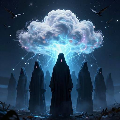 Digital illustration of hooded figures standing in water, facing bright, glowing cloud with lightning bolts, surrounded by dark, starry night sky and birds.