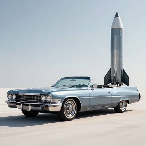 Photograph of a silver 1960s convertible with rocket attached to the trunk, set against a clear, bright sky. Retro, futuristic blend.