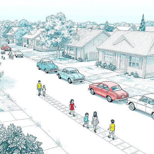 Illustrated aerial view of a suburban street with children walking, colorful cars parked, and houses with trees in the background.