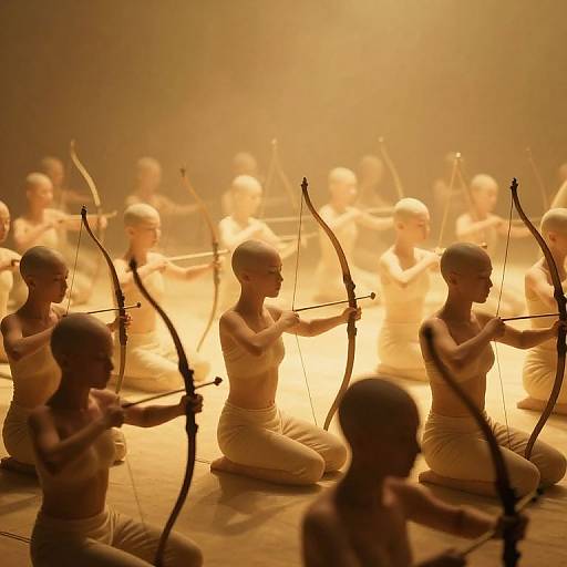 Photograph of multiple shirtless, bald, young boys with brown bows, kneeling in a golden-lit, misty background, drawing bows in un
