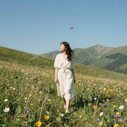 Photograph of a woman with long dark hair in a white dress, standing in a vibrant meadow with wildflowers, watching a butterfly against a clear