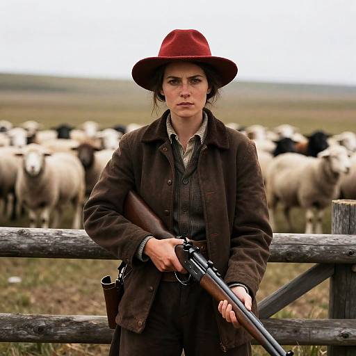 Rural Woman with Rifle and Sheep