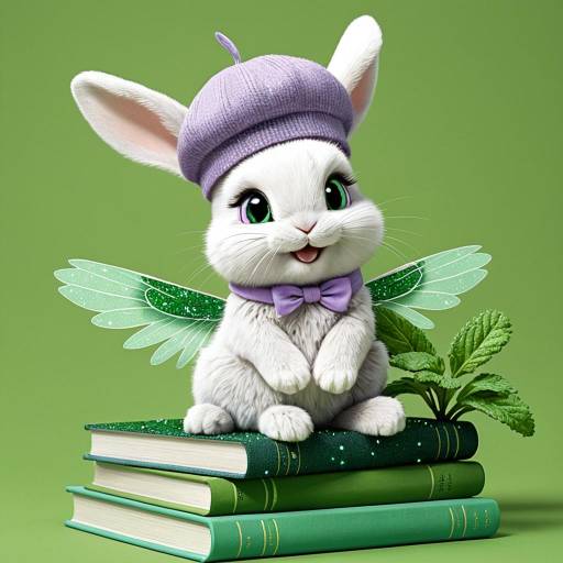 Cute Baby Rabbit with Mint Wings and Lavender Beret