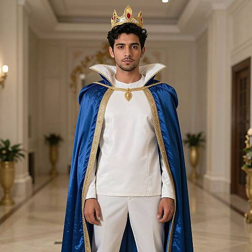 Photograph of a dark-haired man with a trimmed beard, wearing a golden crown, blue velvet cape with gold trim, white shirt, and pants,