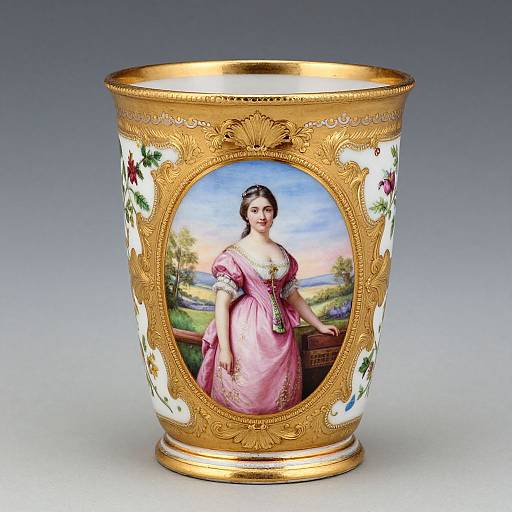 Decorative porcelain cup with a gold rim and floral patterns, featuring an oval portrait of a woman in a pink dress against a landscape background.