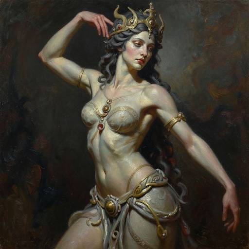 Digital painting of a pale-skinned, topless, dark-haired fantasy woman with golden crown, intricate jewelry, and flowing gray drapery, posed