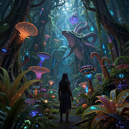 Digital artwork of a dark forest illuminated by glowing, colorful mushrooms and bioluminescent plants. A lone figure stands, facing a massive, tentac